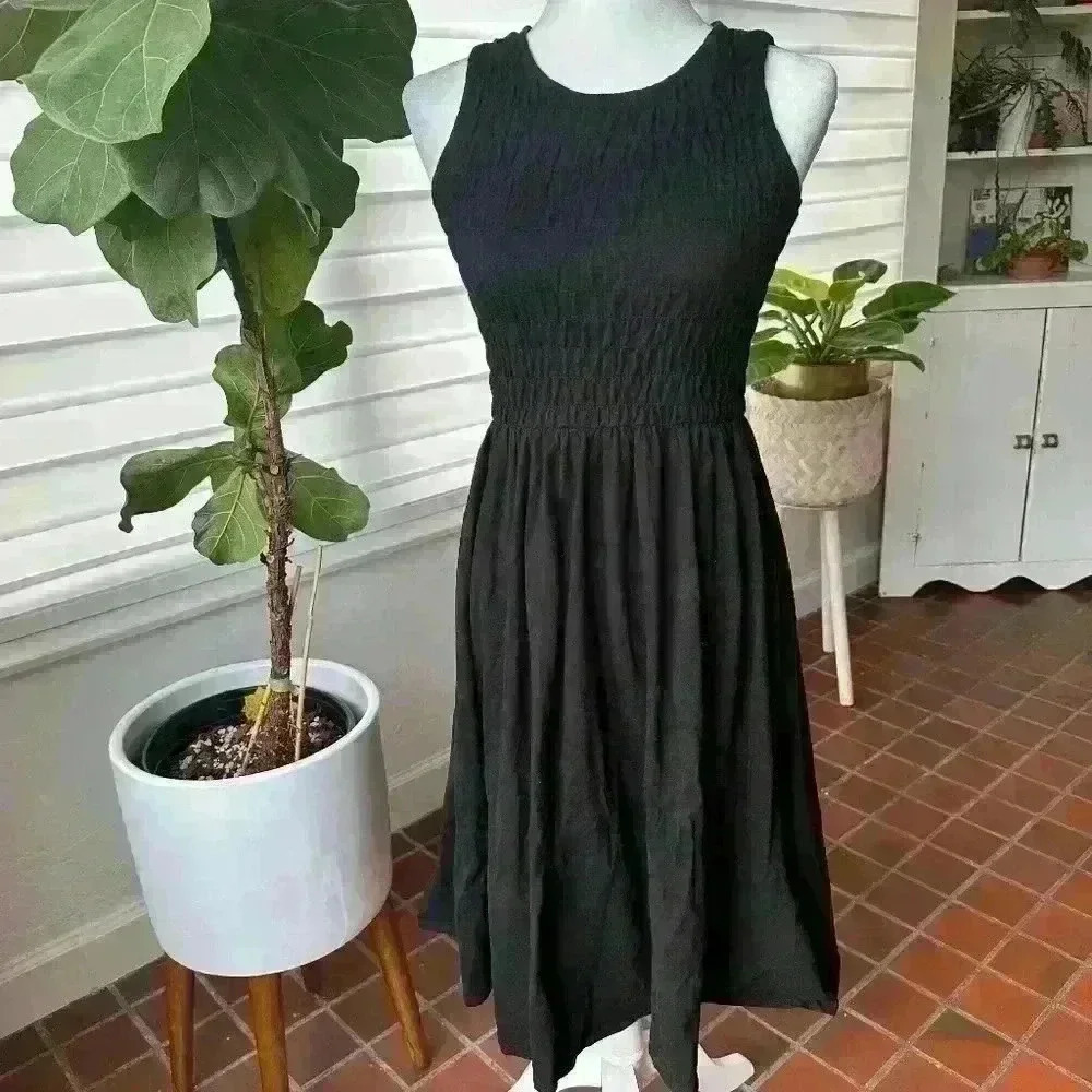 T Tahari Sleeveless Smocked Cotton Midi Dress Size XS